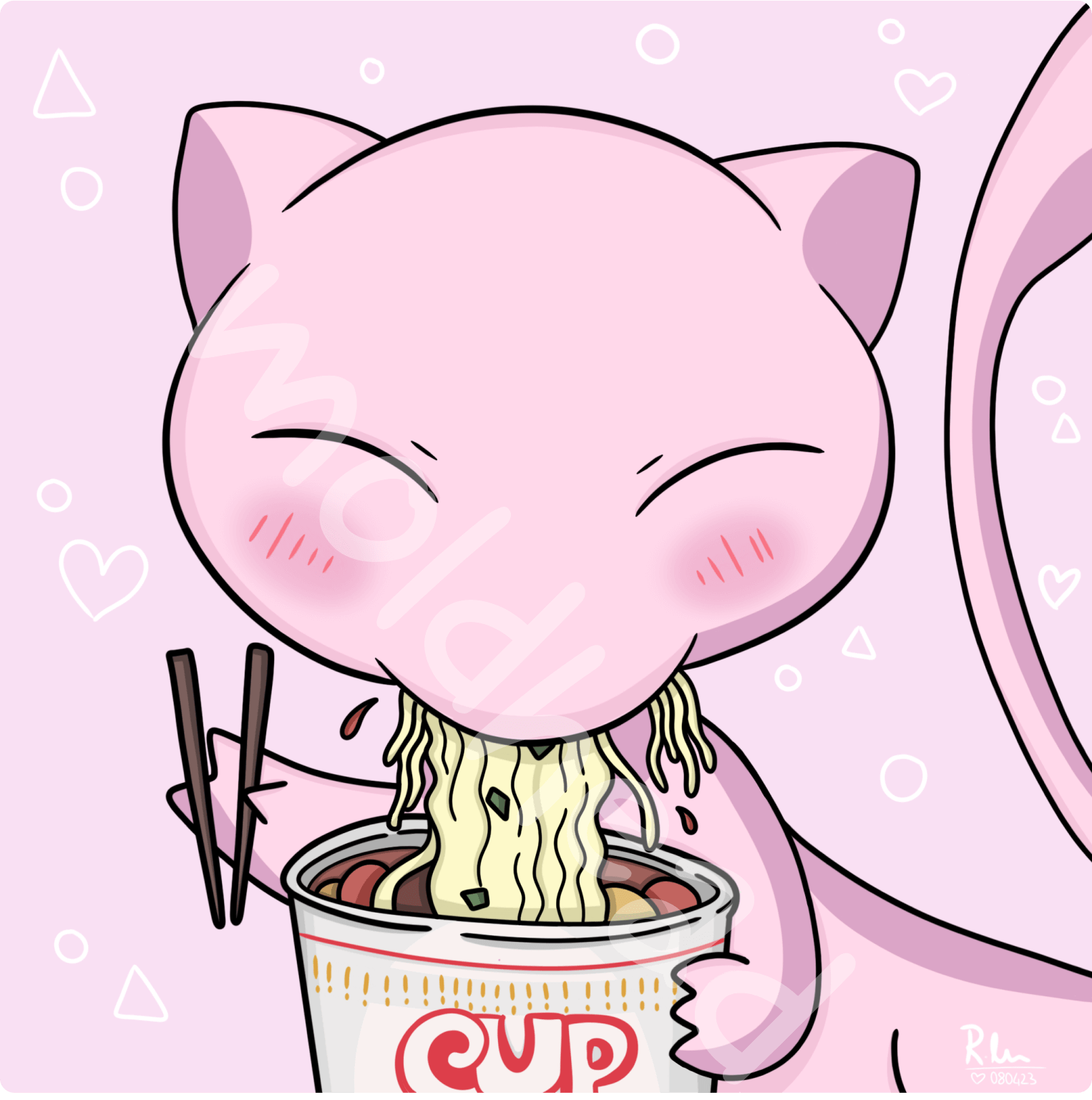 Mew from Pokémon illustrated eating ramen, blending the iconic character with a cozy food scene.